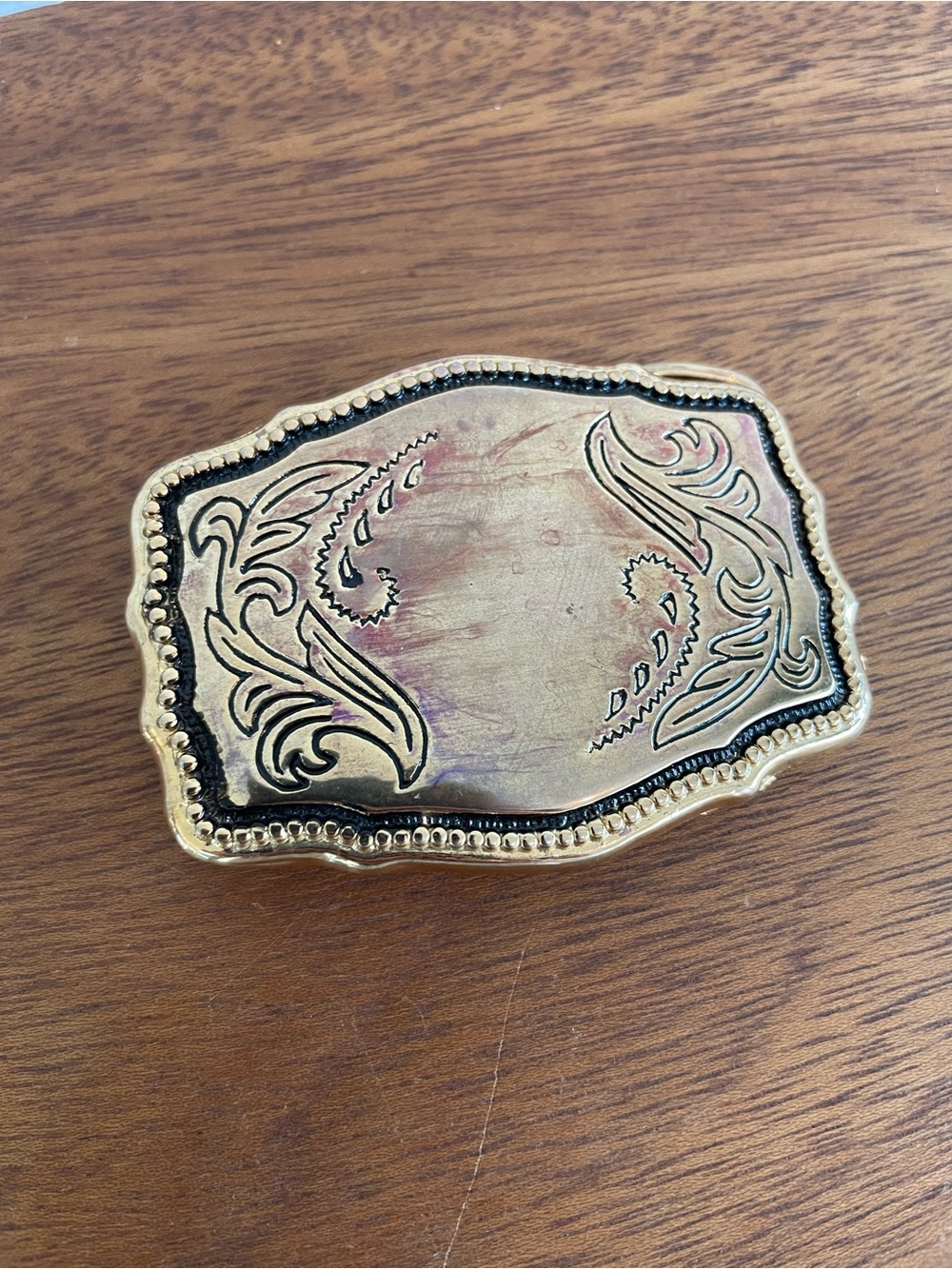 Ornate Vintage Gold-Tone Decorative Belt Buckle with Black Accents